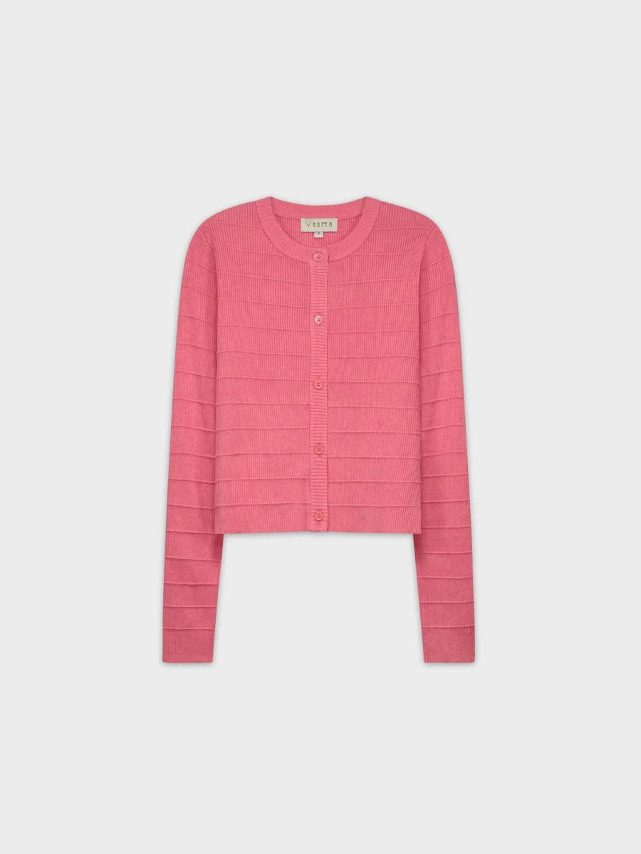 VAARA Women's Ribbed Cropped Cardigan - Rose Pink Knit Sweater Lightweight Open Front