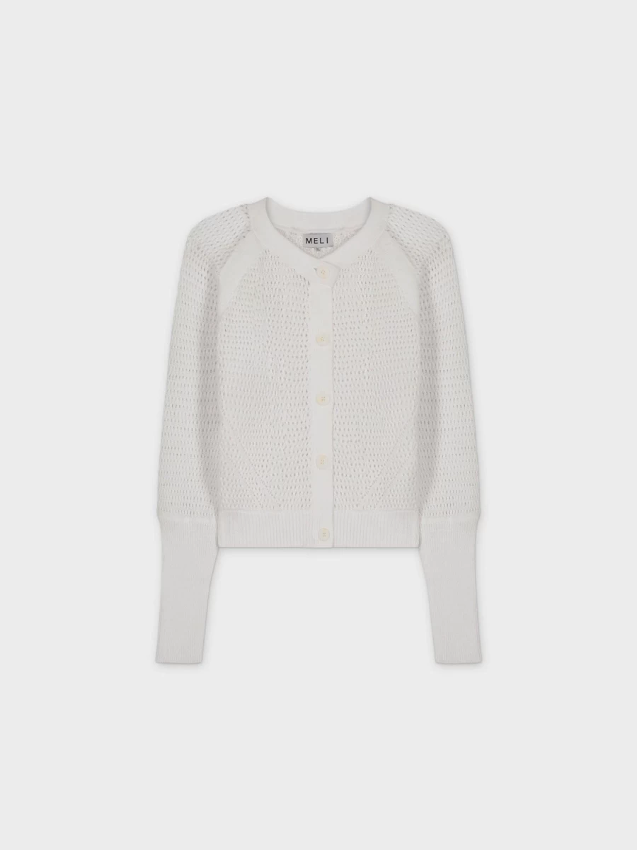 MELI Women's White Crochet Crewneck Cardigan - Handmade Knit Sweater