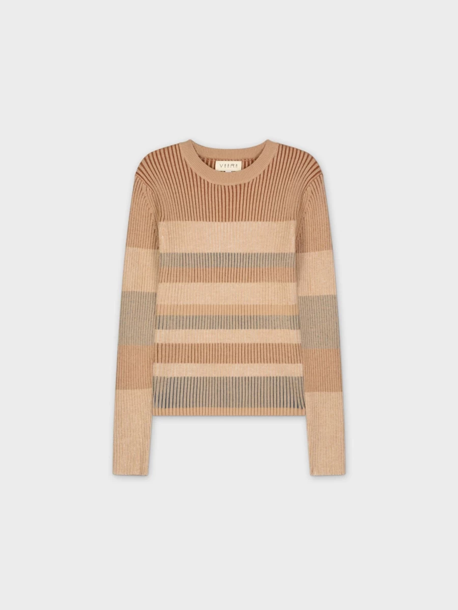 VAARA Women's Striped Ribbed Knit Sweater in Tan - Soft Crewneck Long Sleeve Top
