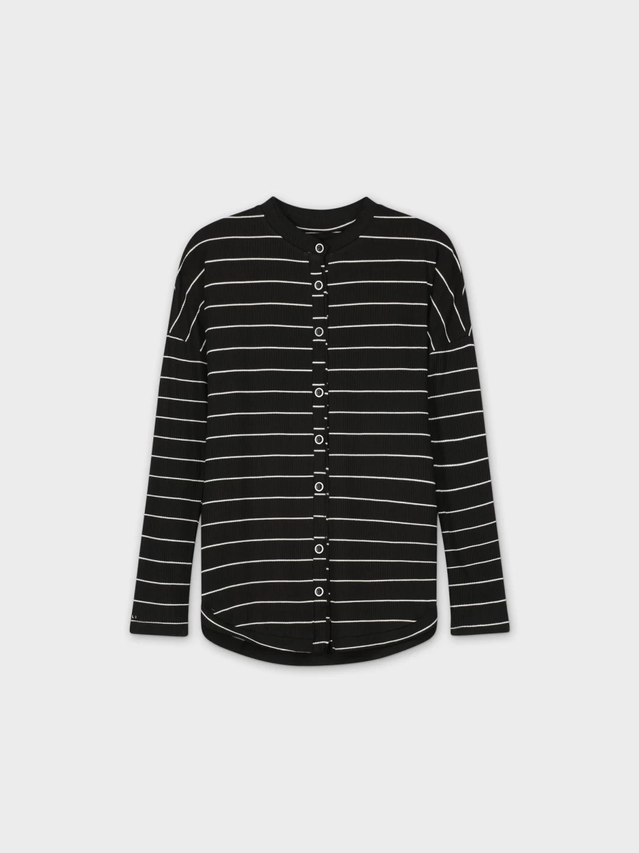 MELI Women's White and Black Striped Ribbed Button Down Tee