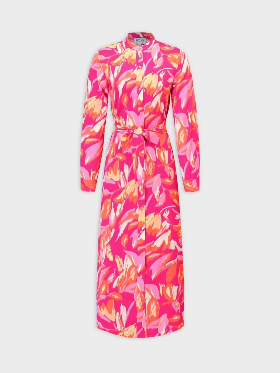 Pose Women's Pink Floral Long Shirt Dress - Elegant Casual Style