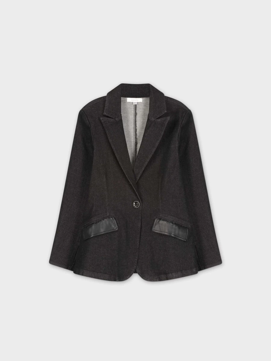 "HAILEY Women's Black Leather Pocket Denim Blazer Jacket"