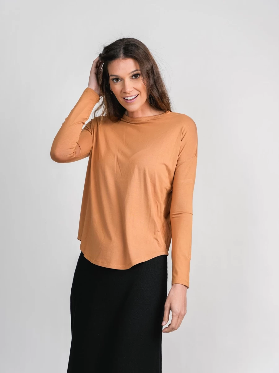 MELI Women's Long Sleeve Swing Tee - Relaxed Fit Brown Top