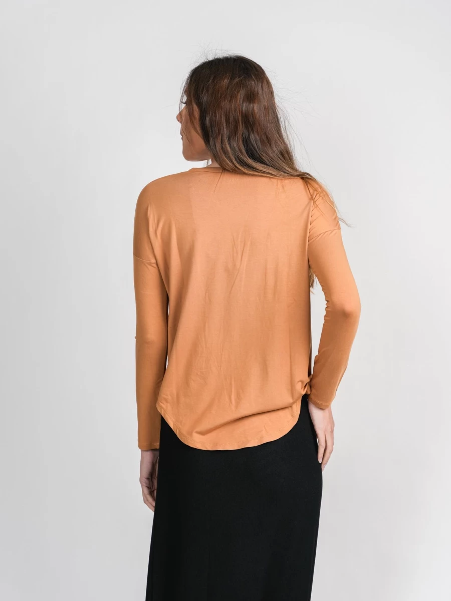 MELI Women's Long Sleeve Swing Tee - Relaxed Fit Brown Top