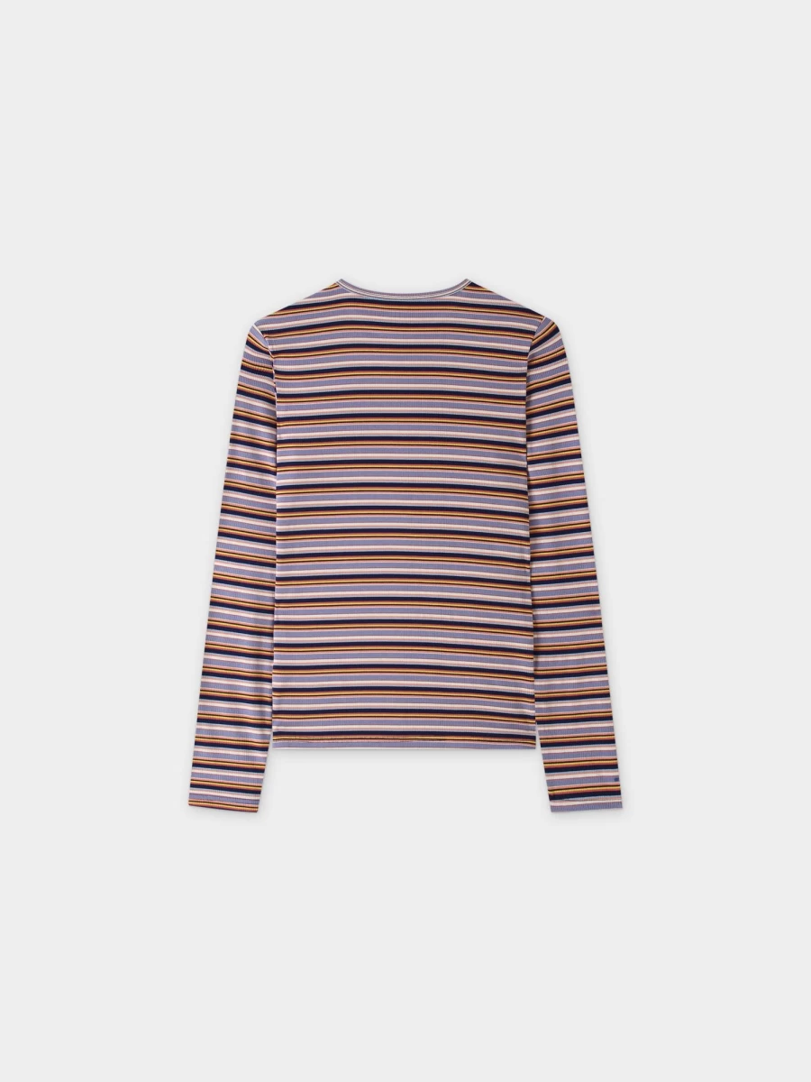 MELI Women's Striped Ribbed Knit Crew Neck T-Shirt in Lilac, Coral & Citrus Colors