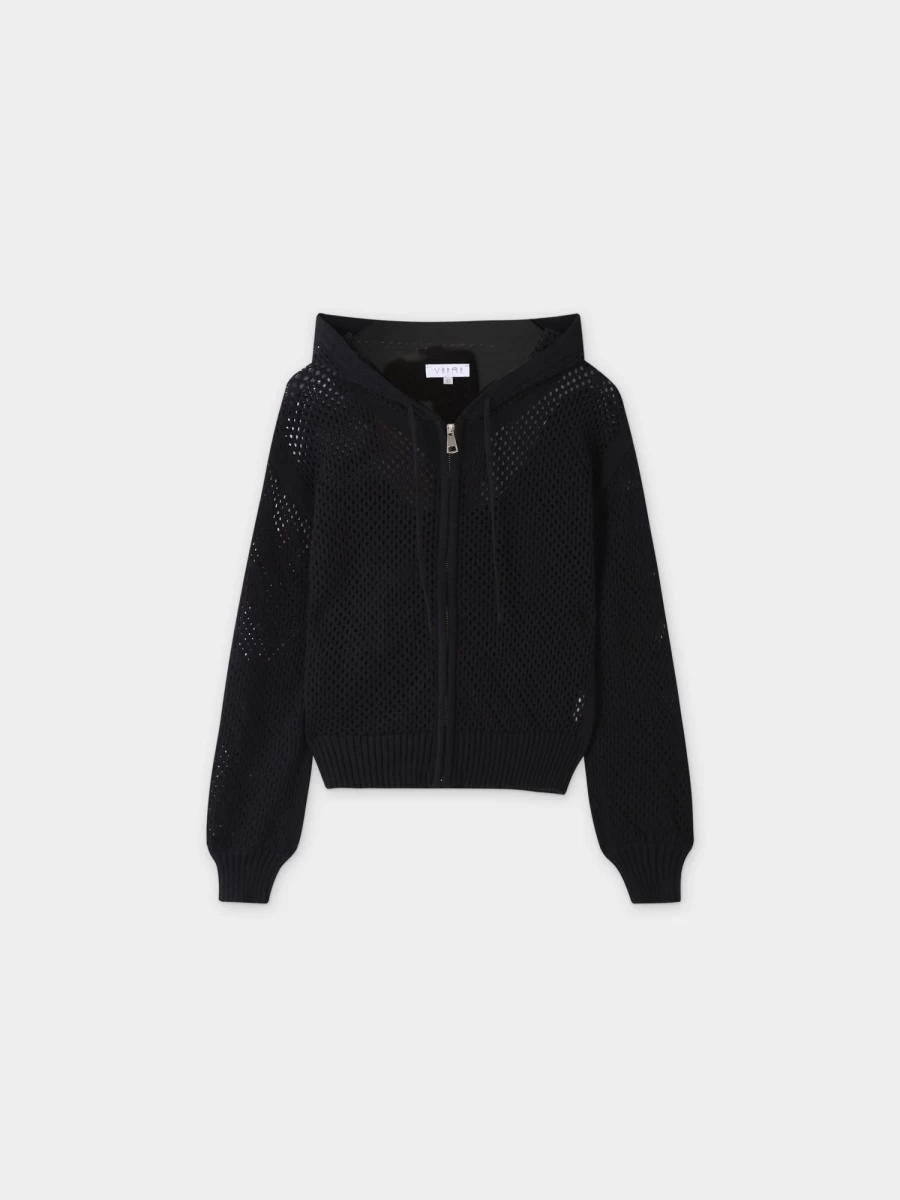 VAARA Women's Black Zip Up Crochet Hoodie - Stylish Handmade Knit Sweatshirt