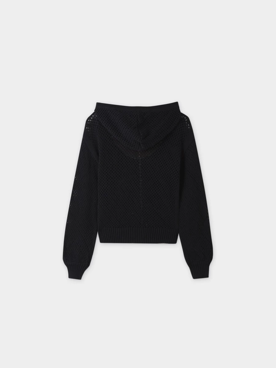 VAARA Women's Black Zip Up Crochet Hoodie - Stylish Handmade Knit Sweatshirt