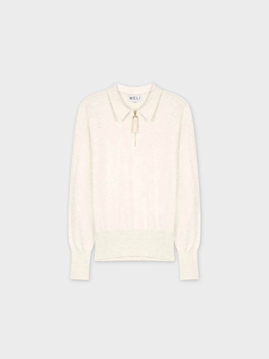 MELI Women's Heathered Cream Zipper Collar Sweater - Cozy Knit Pullover