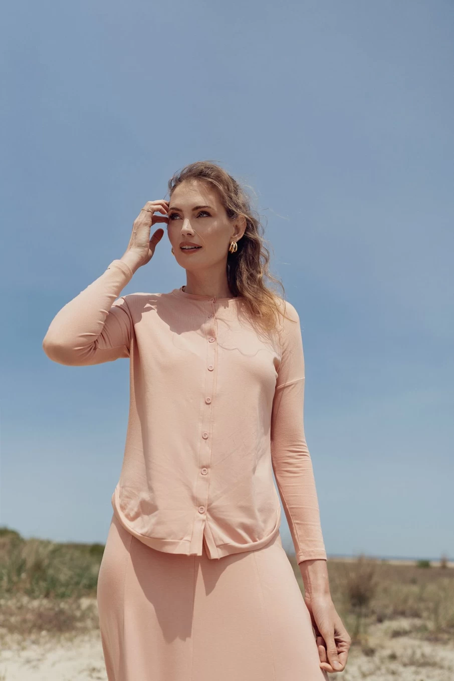 MELI Women's Peach Button Down T-Shirt - Casual Short Sleeve Top