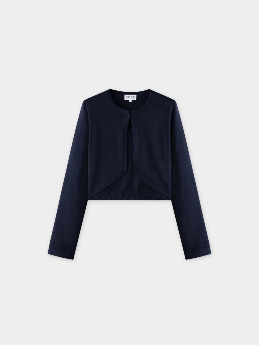 Pose Women's Navy Flat Ribbed Trim Shrug - Stylish Knit Cardigan for Casual Wear