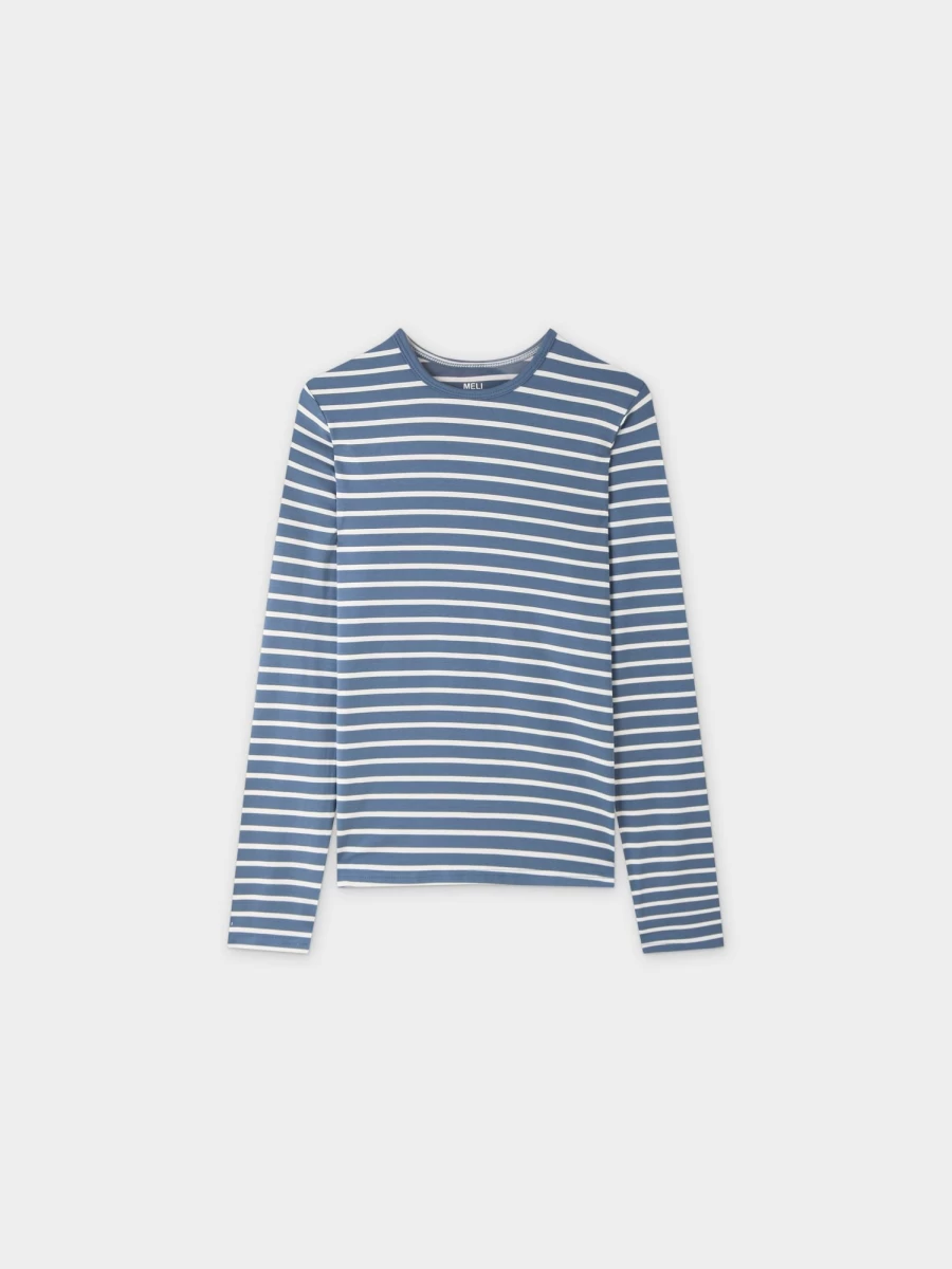 MELI Women's Butter Soft Striped Crewneck Sweater - Blue & White Comfort Fit Top
