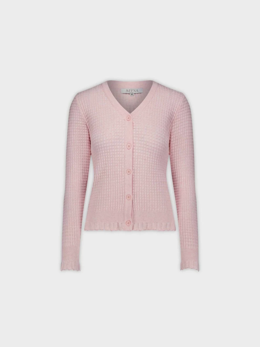 MEENA Women's Pink Ruffle Hem Cardigan - Soft Knit Sweater Chic Lace Trim