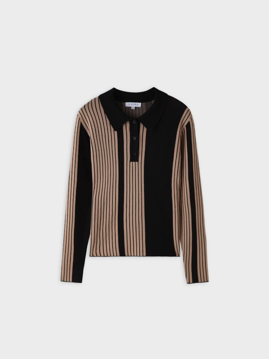 VAARA Women's Mixed Stripe Polo Sweater in Tan - Classic Knit Top for Stylish Comfort