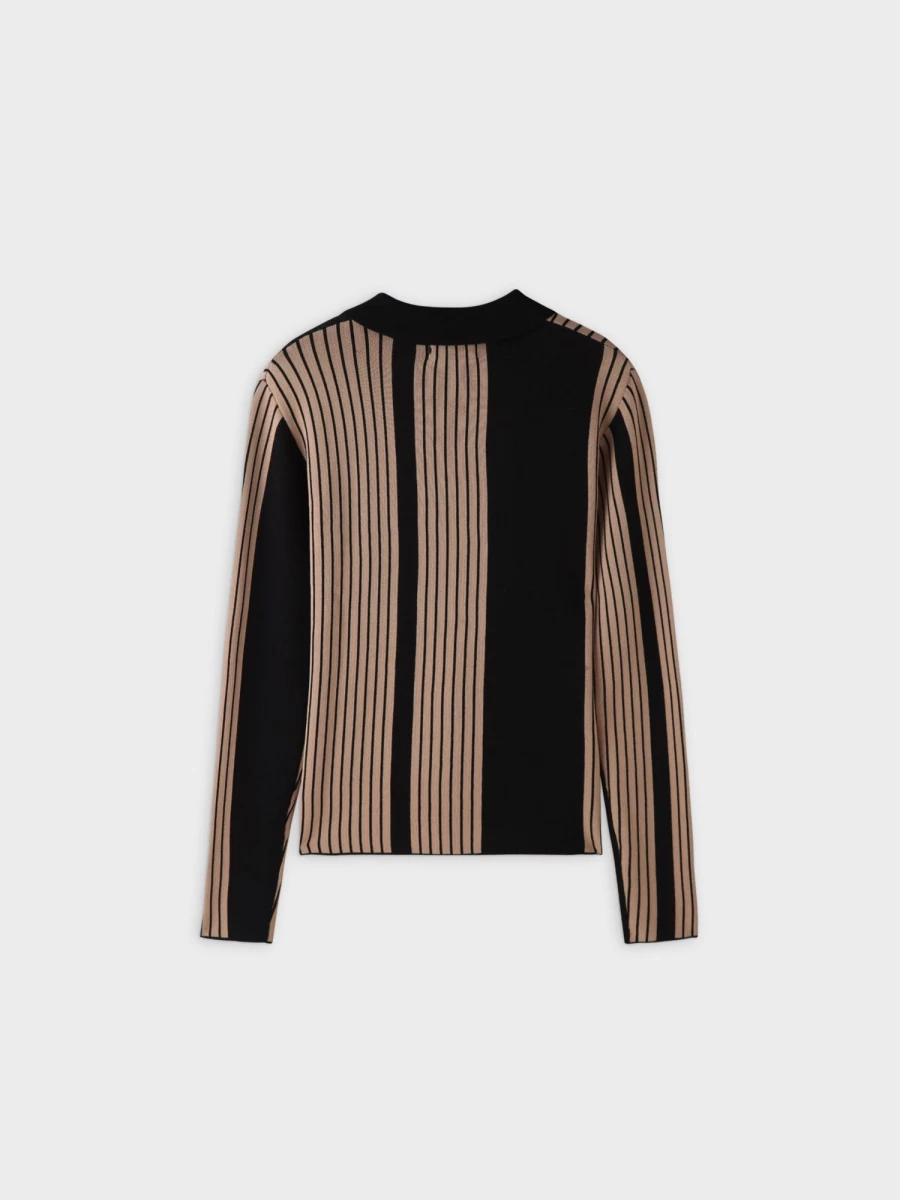 VAARA Women's Mixed Stripe Polo Sweater in Tan - Classic Knit Top for Stylish Comfort