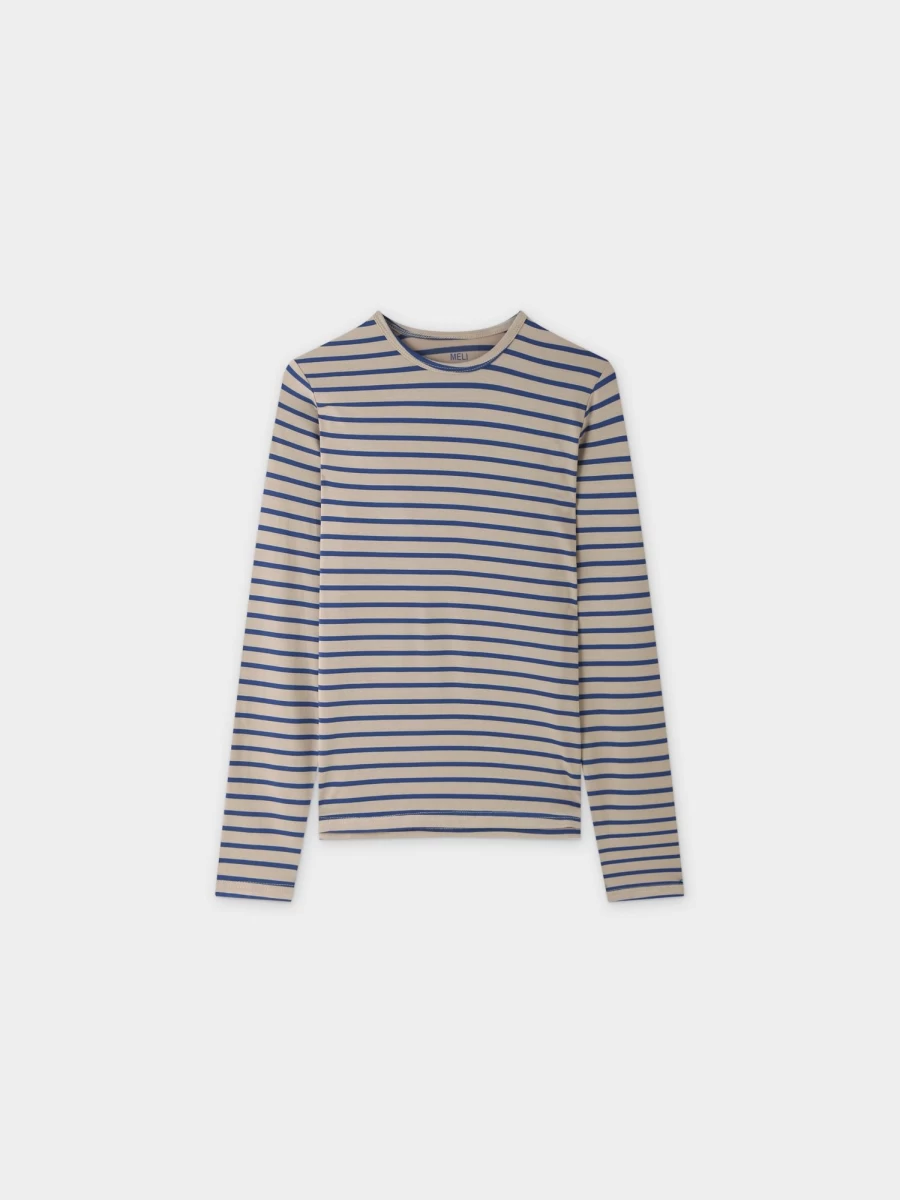 MELI Women's Butter Soft Striped Crewneck Sweatshirt in Tan and Blue