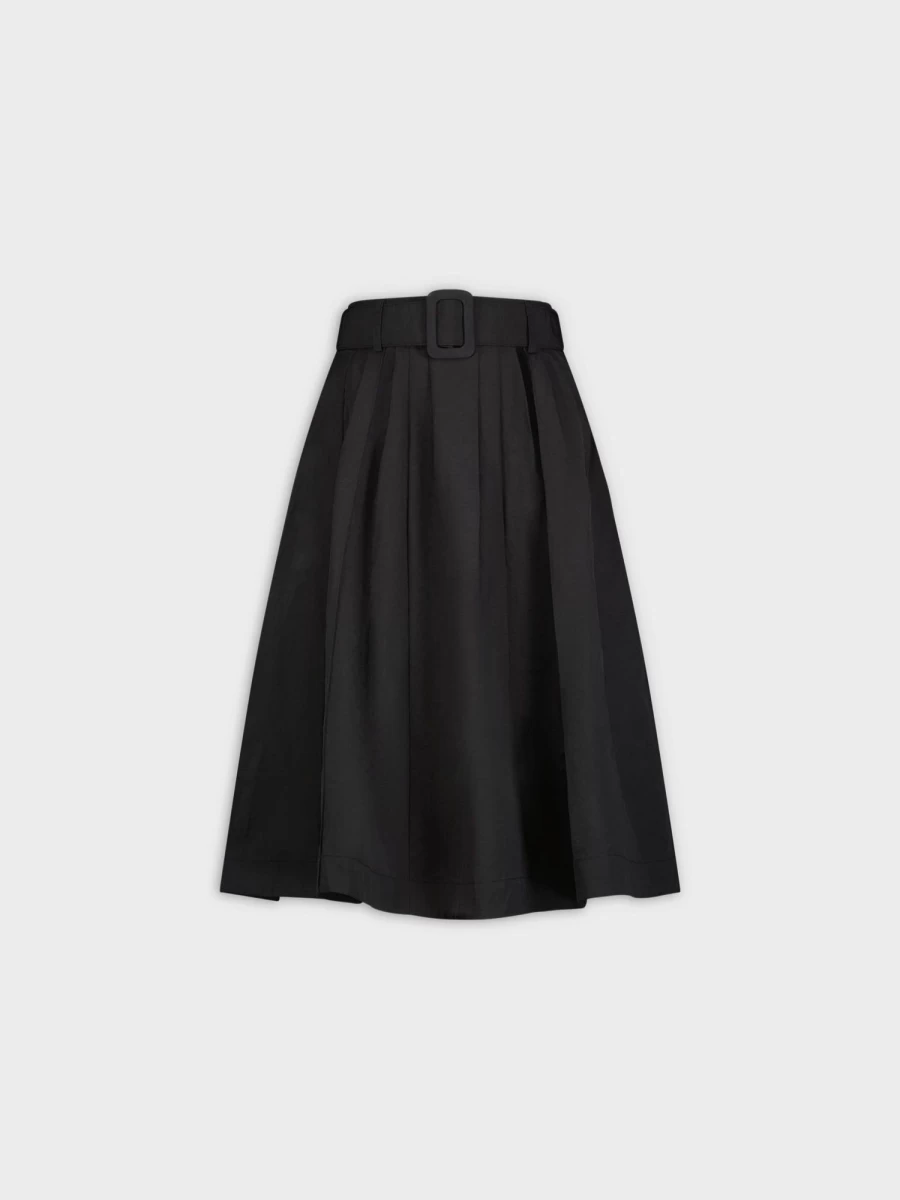 TTS Women's Black Belted High-Waist Skirt - Stylish A-Line Midi Skirt with Adjustable Waistband