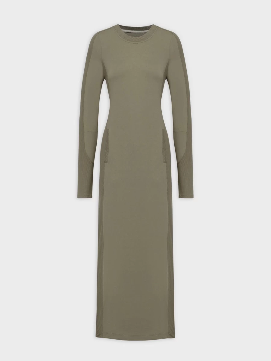 MELI Women's Olive Crew Neck Pocket T-Shirt Dress - 41" Casual Comfort Fit
