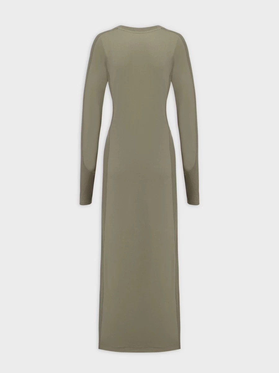 MELI Women's Olive Crew Neck Pocket T-Shirt Dress - 41" Casual Comfort Fit