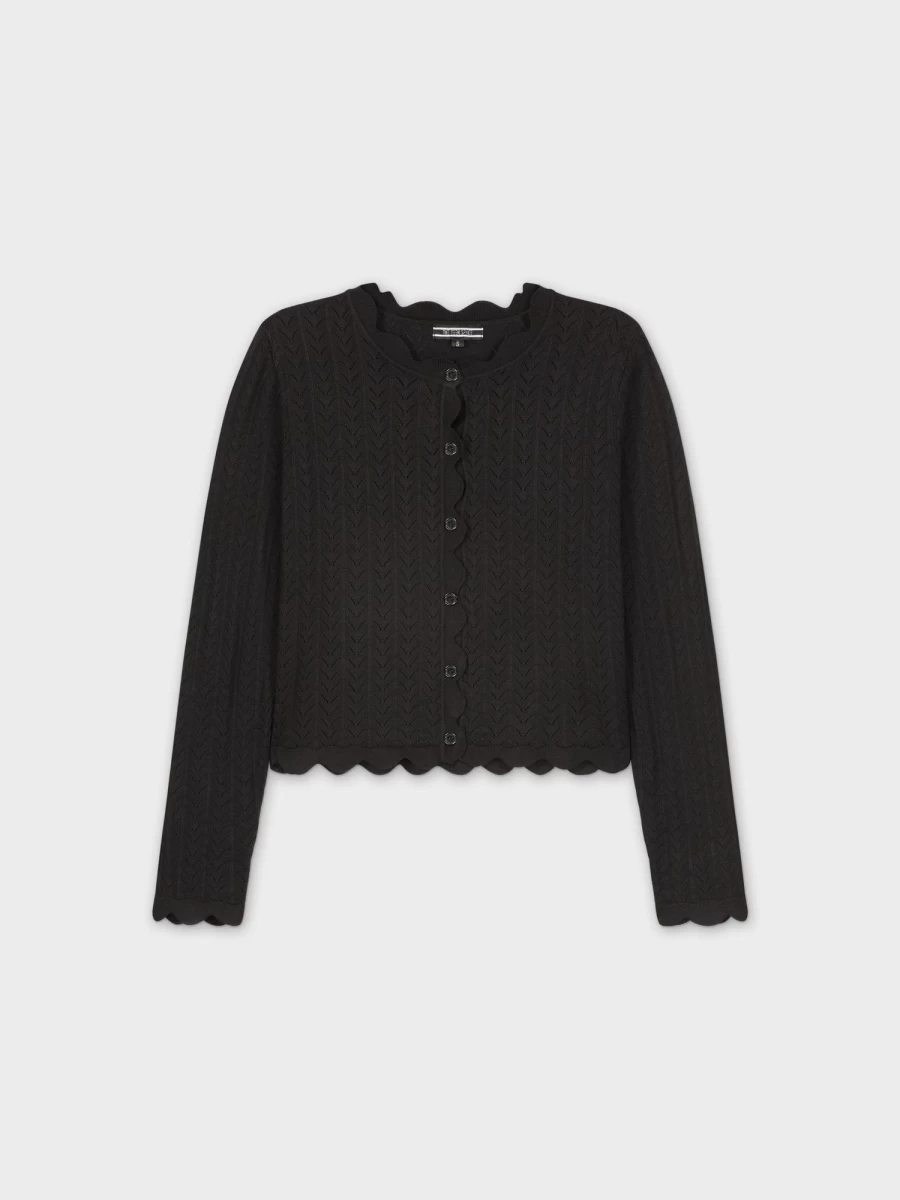 TTS Women's Black Scalloped Crew Neck Cardigan Sweater