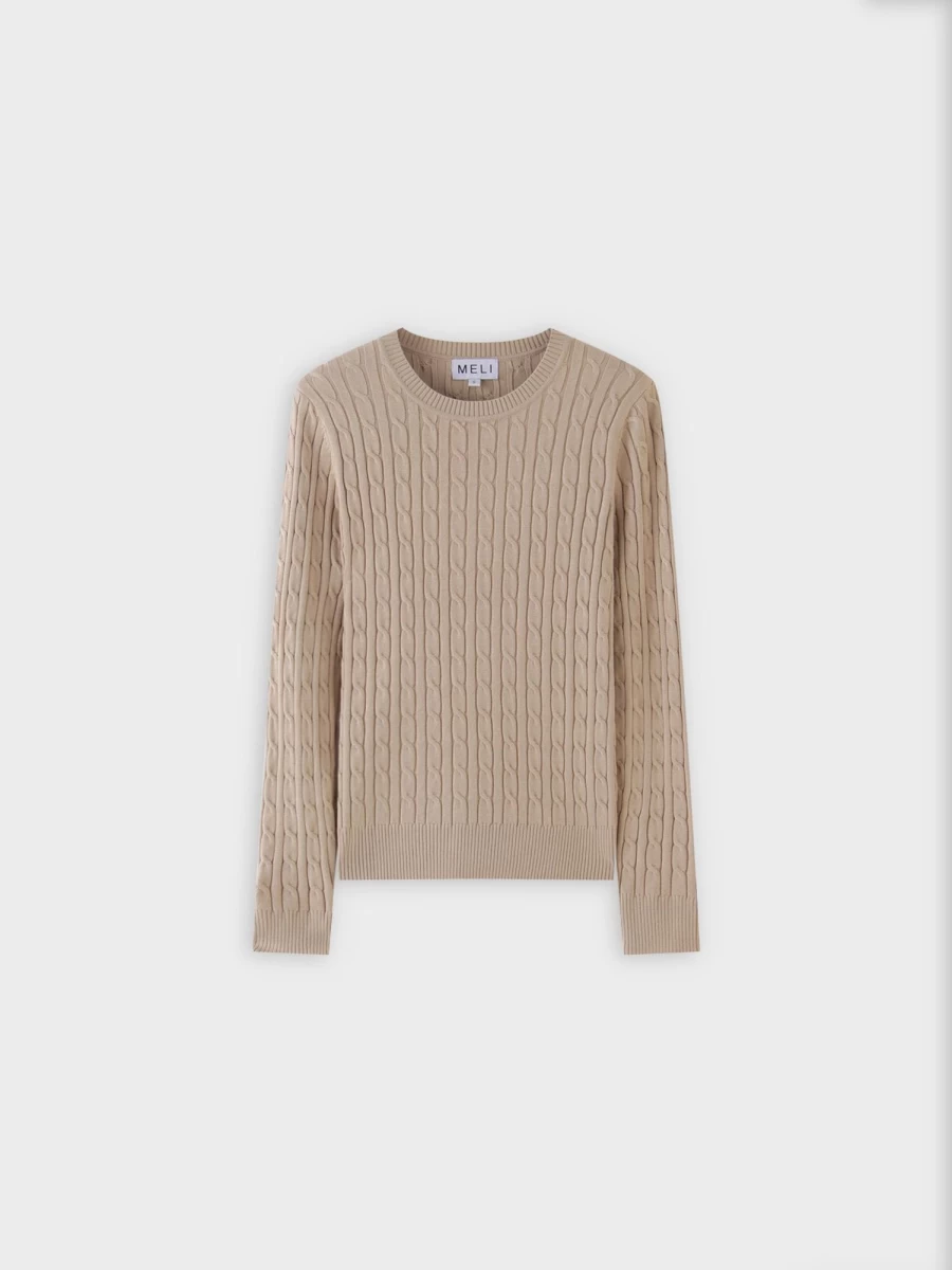 MELI Women's Tan Knit Cable Sweater - Cozy Cable Knit Pullover