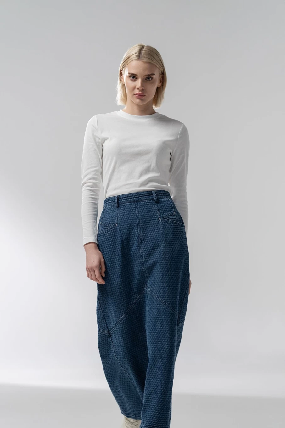 Blue Meli Women's Textured Blue Denim Skirt with Back Pleat Detail