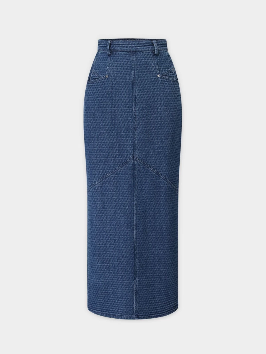 Blue Meli Women's Textured Blue Denim Skirt with Back Pleat Detail