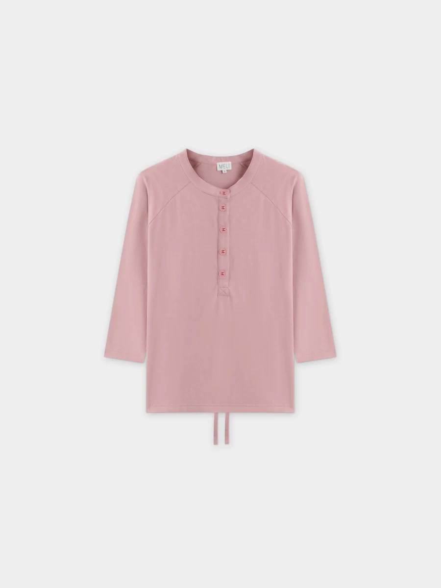 MELI Women's Pink Henley Neck Drawstring T-Shirt Casual Tee Top