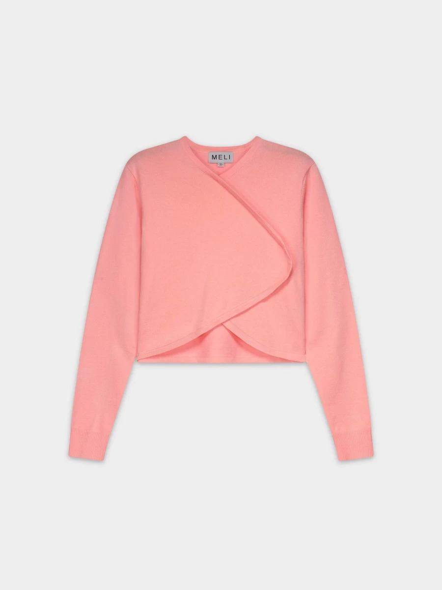 MELI Women's Pink Crop Crossover Sweater - Soft Knit Oversized Pullover