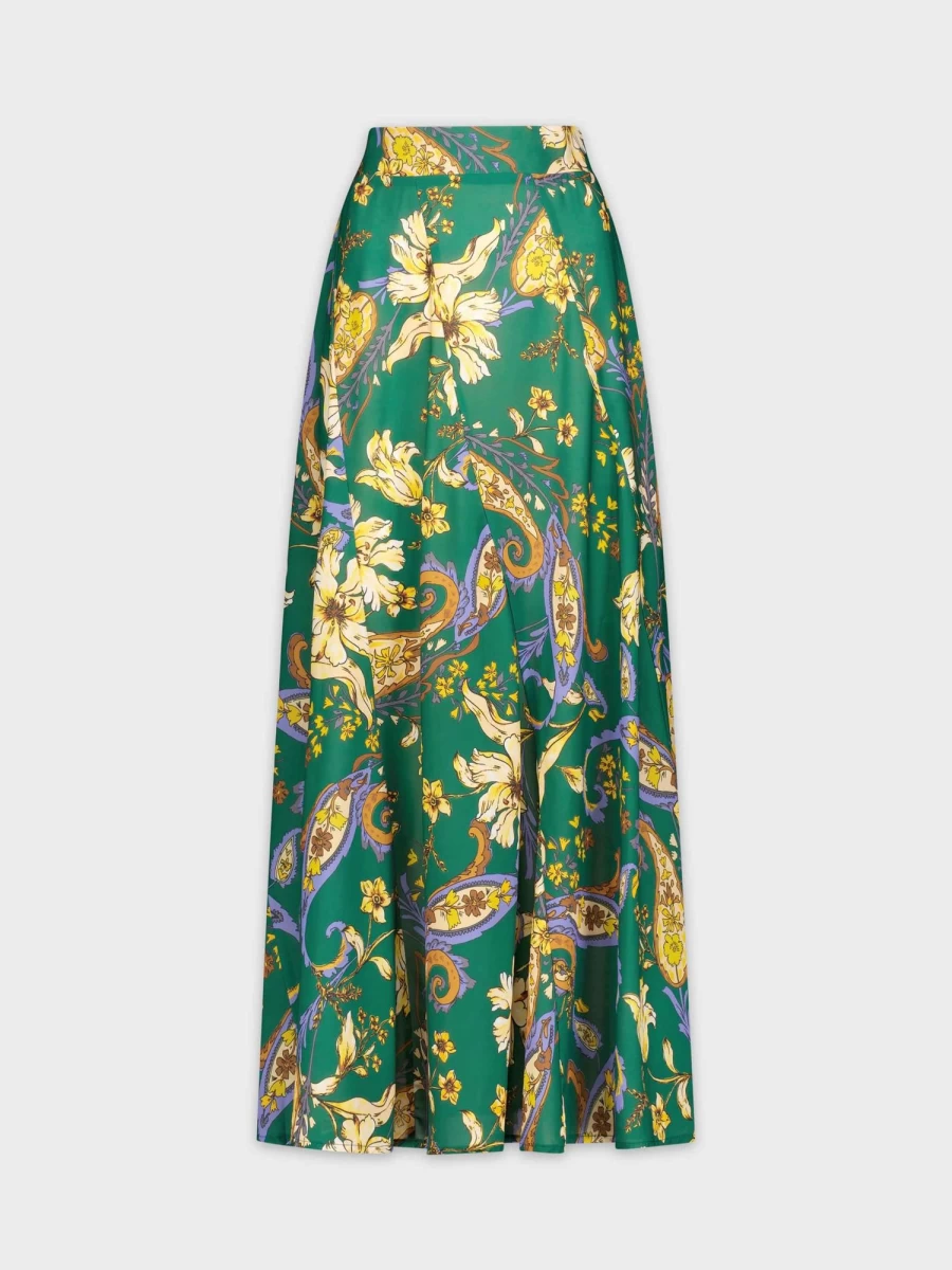 SOLEI Women's Floral Green Satin Skirt - Elegant Full Length Design