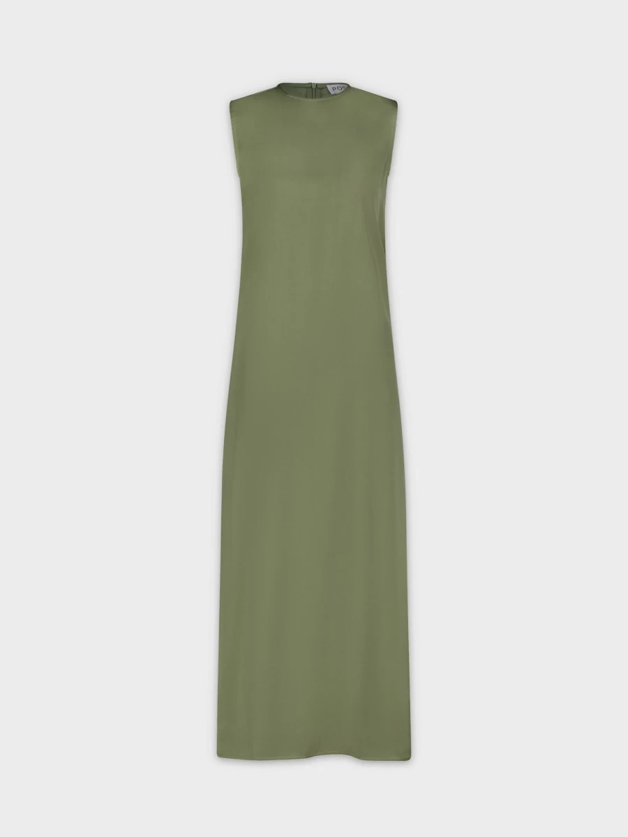 POSE Women's Olive Green Sleeveless Satin Dress - Elegant Evening Gown