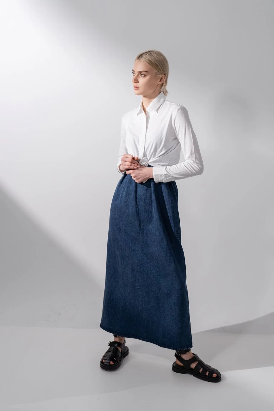 HAILEY Women's Dark Blue Denim Crew Neck Slip Dress