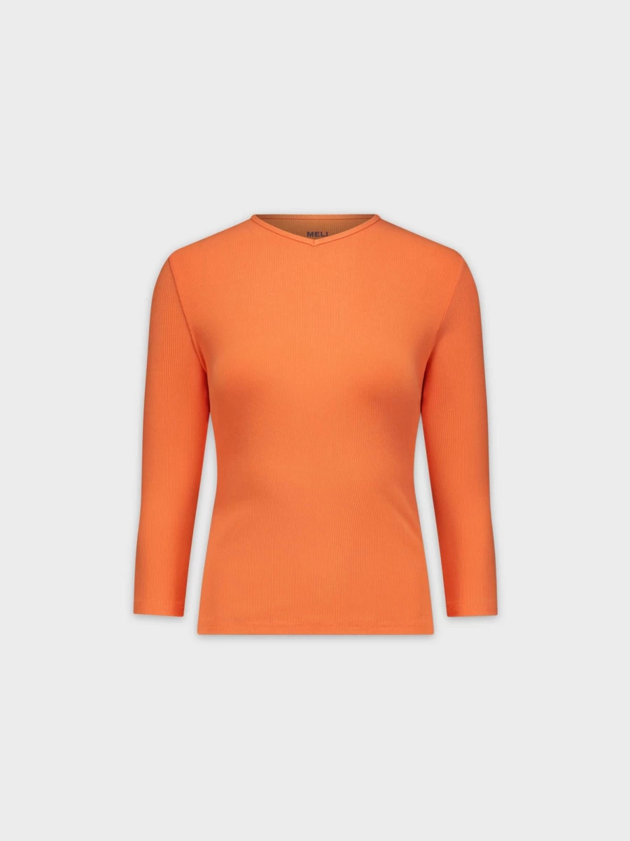 MELI Women's Ribbed High V-Neck 3/4 Sleeve Top in Orange