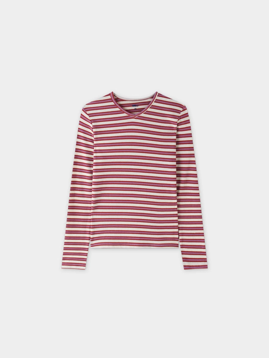 MELI Women's Waffle Striped High V-Neck Sweater in Cream, Berry, and Lilac Colors