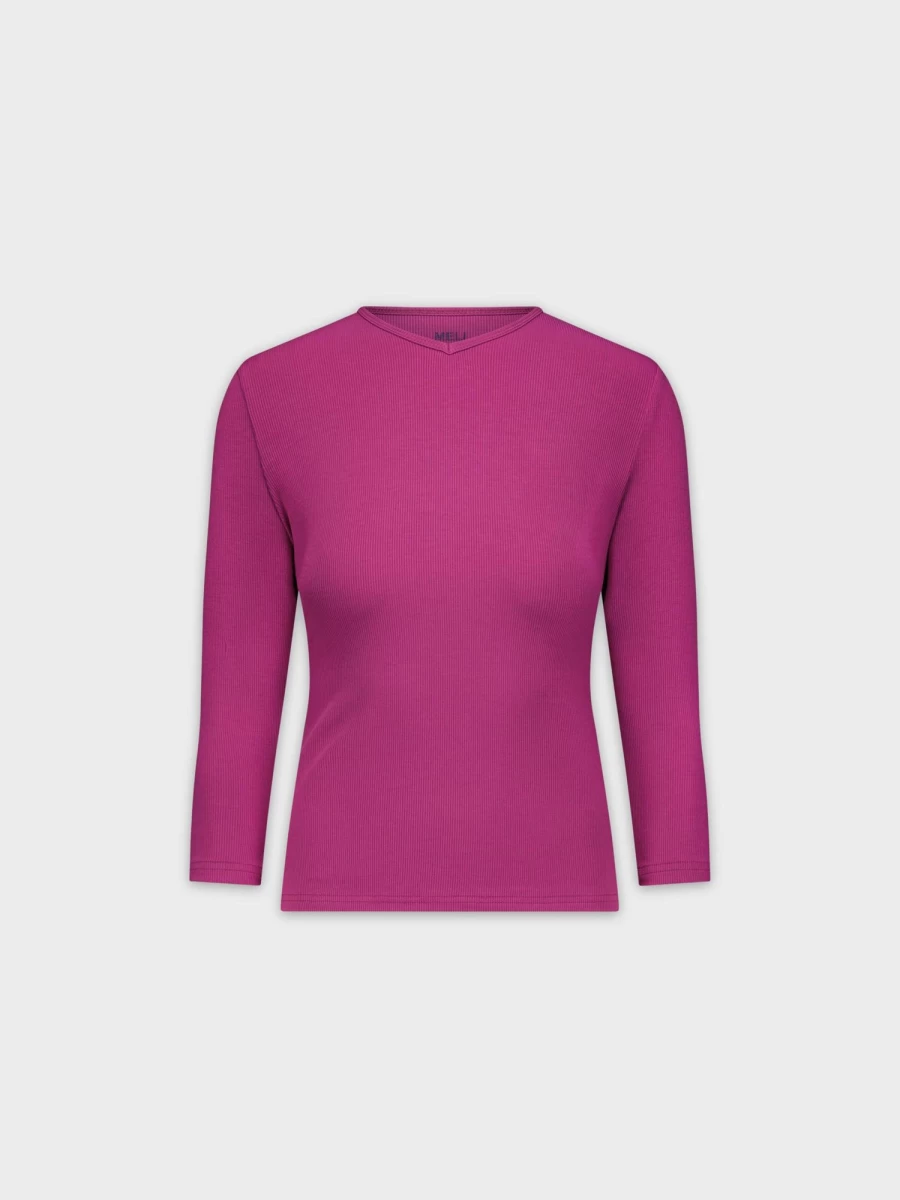 MELI Women's Ribbed High V-Neck 3Q-Berry Top