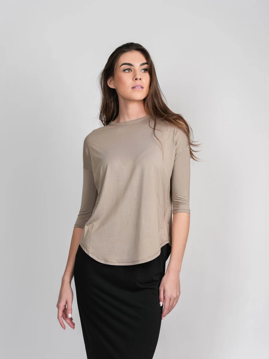 MELI Women's Long Sleeve Swing Tee in Taupe - Comfortable Casual T-Shirt