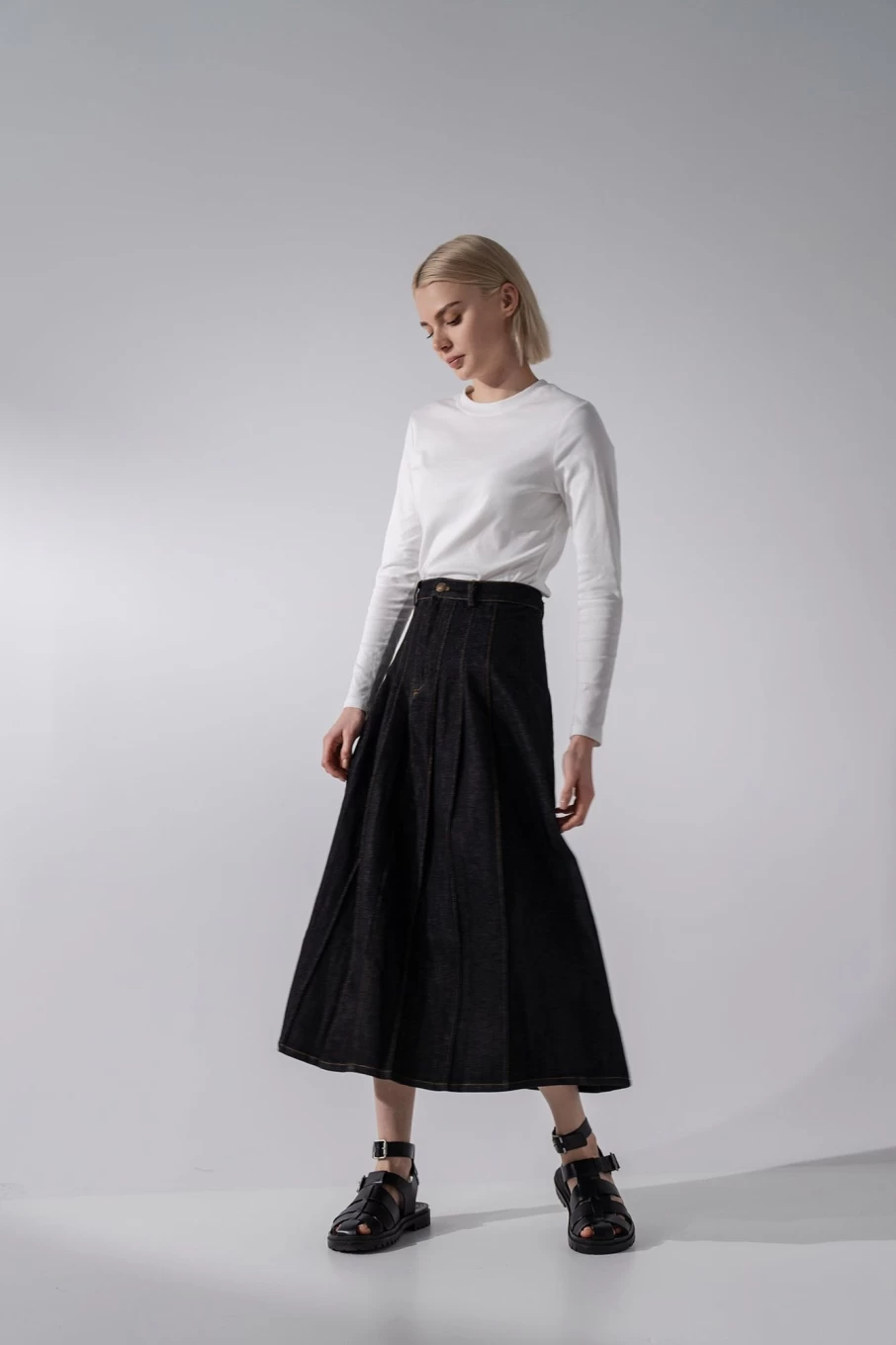 Blue Meli Women's Black Stitched Pleated Skirt - Elegant High Waist A-Line Skirt for Women