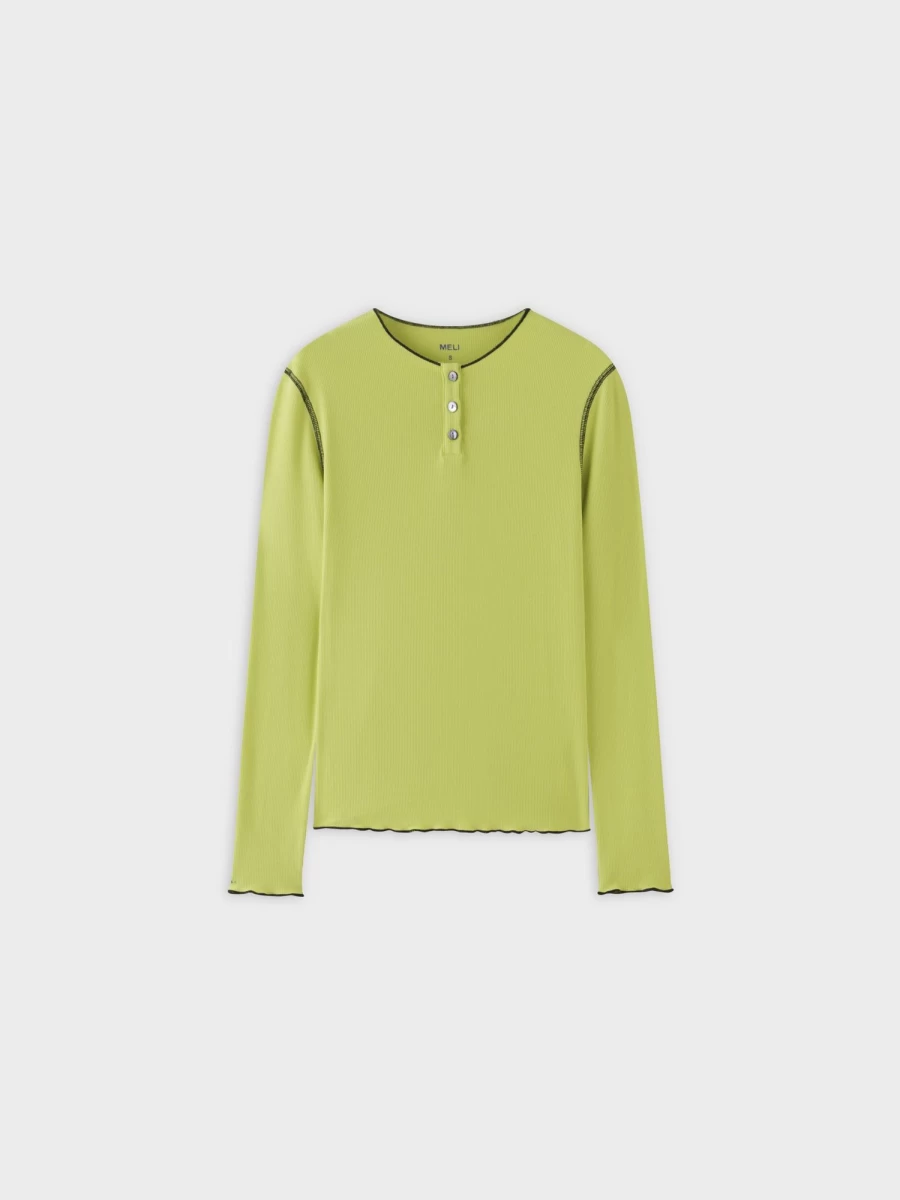 MELI Women's Overlock Stitched Henley T-Shirt - Key Lime & Black Contrast Trim