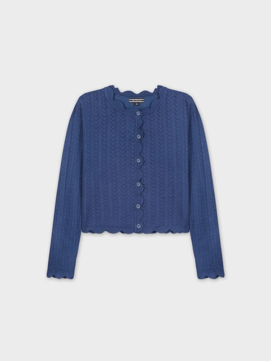 TTS Women's Blue Scalloped Crew Neck Cardigan Sweater