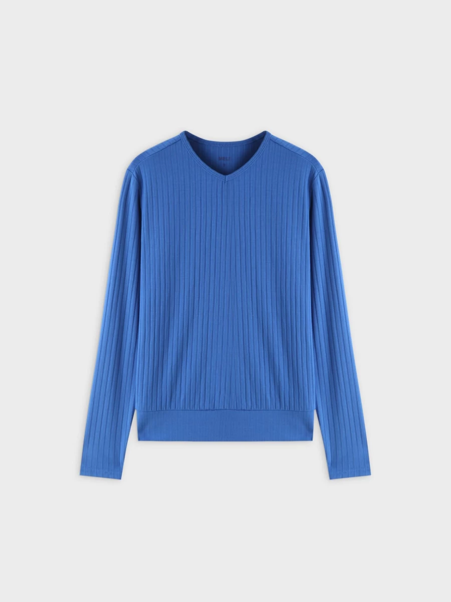 MELI Women's Royal Blue Ribbed High V-Neck Bomber Jacket