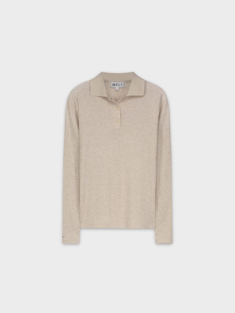 MELI Women's Ribbed Collar T-Shirt in Oatmeal - Soft Comfort Fit Casual Tee