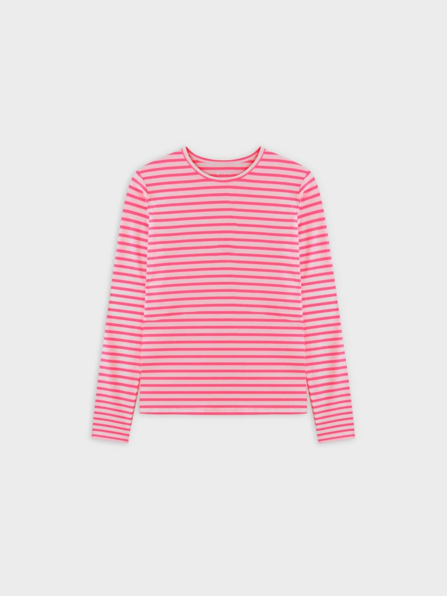 TTS Women's Neon Stripe Crew Neck T-Shirt - Pink & White Casual Top
