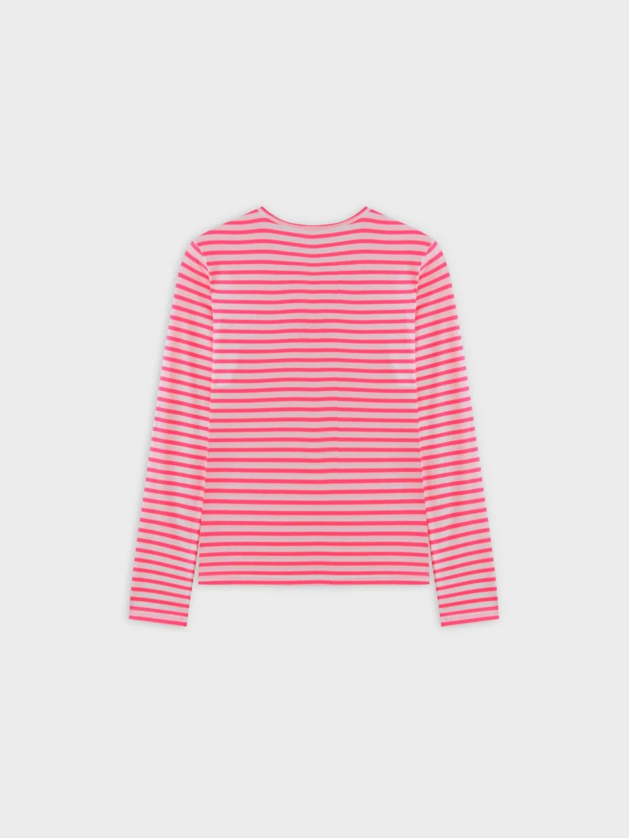 TTS Women's Neon Stripe Crew Neck T-Shirt - Pink & White Casual Top