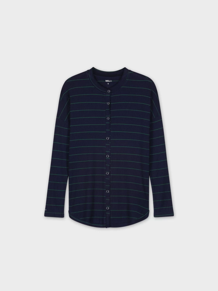 MELI Women's Blue & Green Striped Ribbed Button Down Tee Shirt