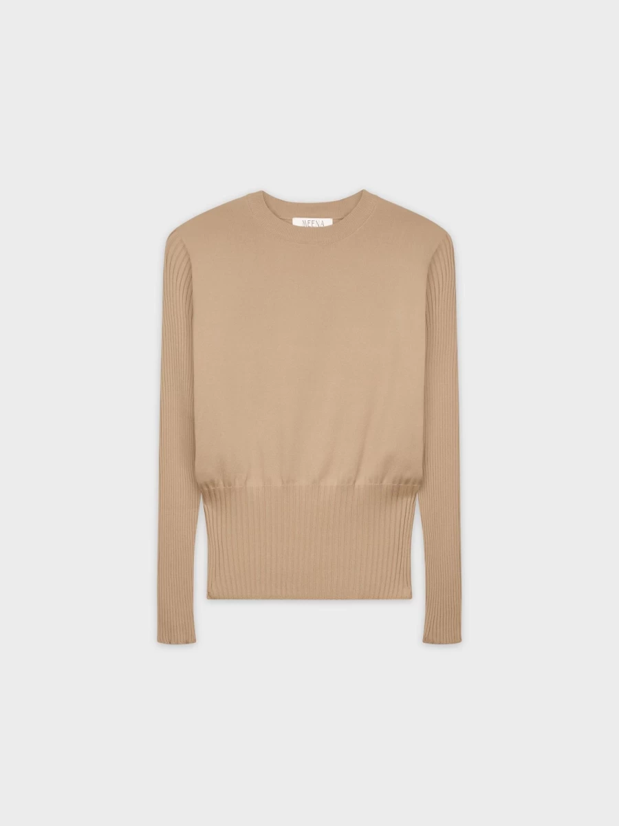 MEENA Women's Ribbed Waist Knit Sweater in Tan - Cozy Fall Pullover