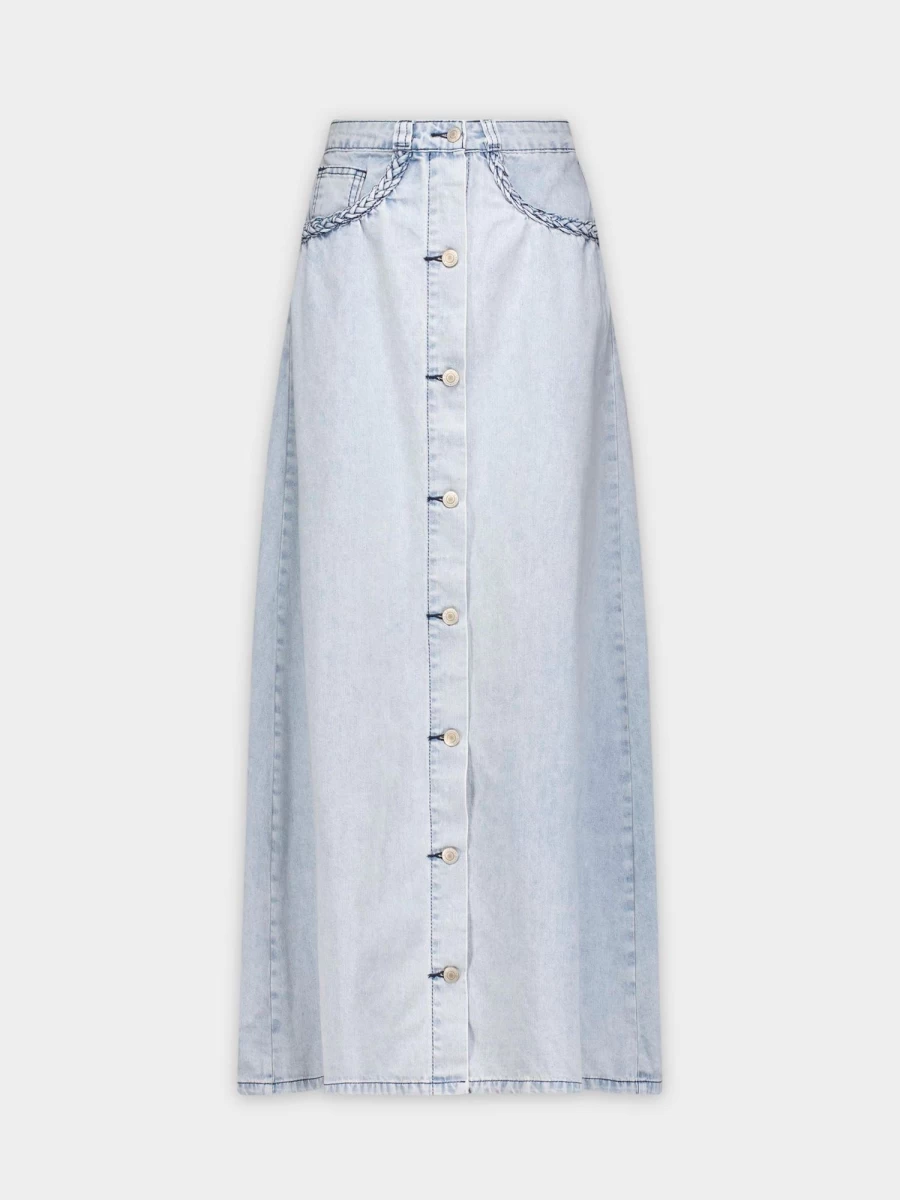 MELI Women's Blue Wash Braided Pocket Denim Skirt - High Waisted A-Line Vintage Style