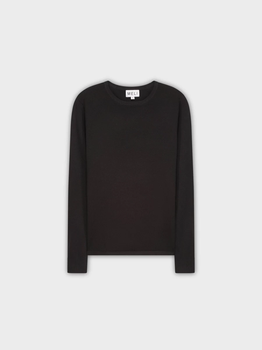 MELI Women's Thin Knit Crewneck Sweater - Soft Black Pullover for Casual Wear