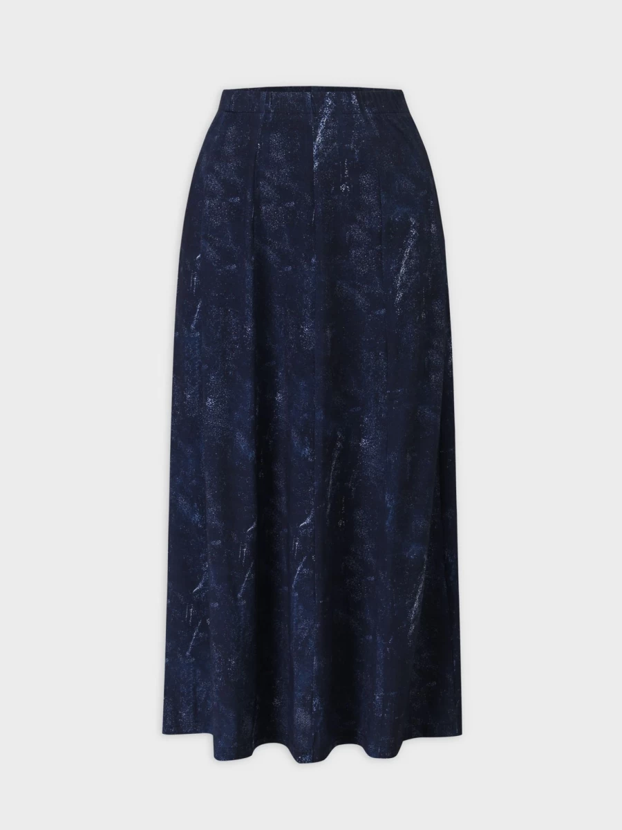 TTS Women's Blue Denim Printed Panel Skirt - 36" Length, High Waist A-Line Style, Vintage Washed Stretch Jeans Skirt for Casual Wear