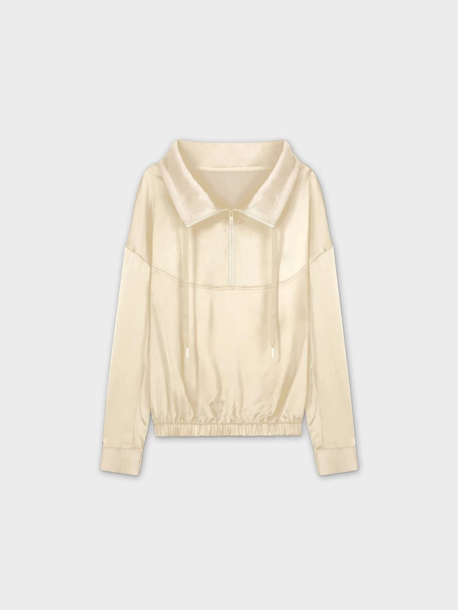 VAARA Women's Cream Satin Half Zip Top - Elegant Casual Blouse