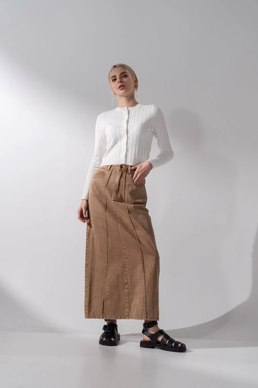 Blue Meli Women's Brown Denim Seamed Skirt - High Waisted Vintage Style