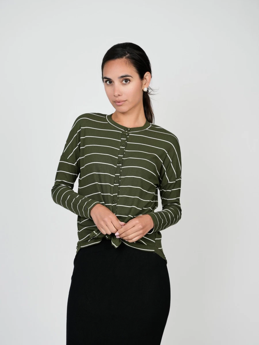 MELI Women's Green & White Ribbed Button Down T-Shirt